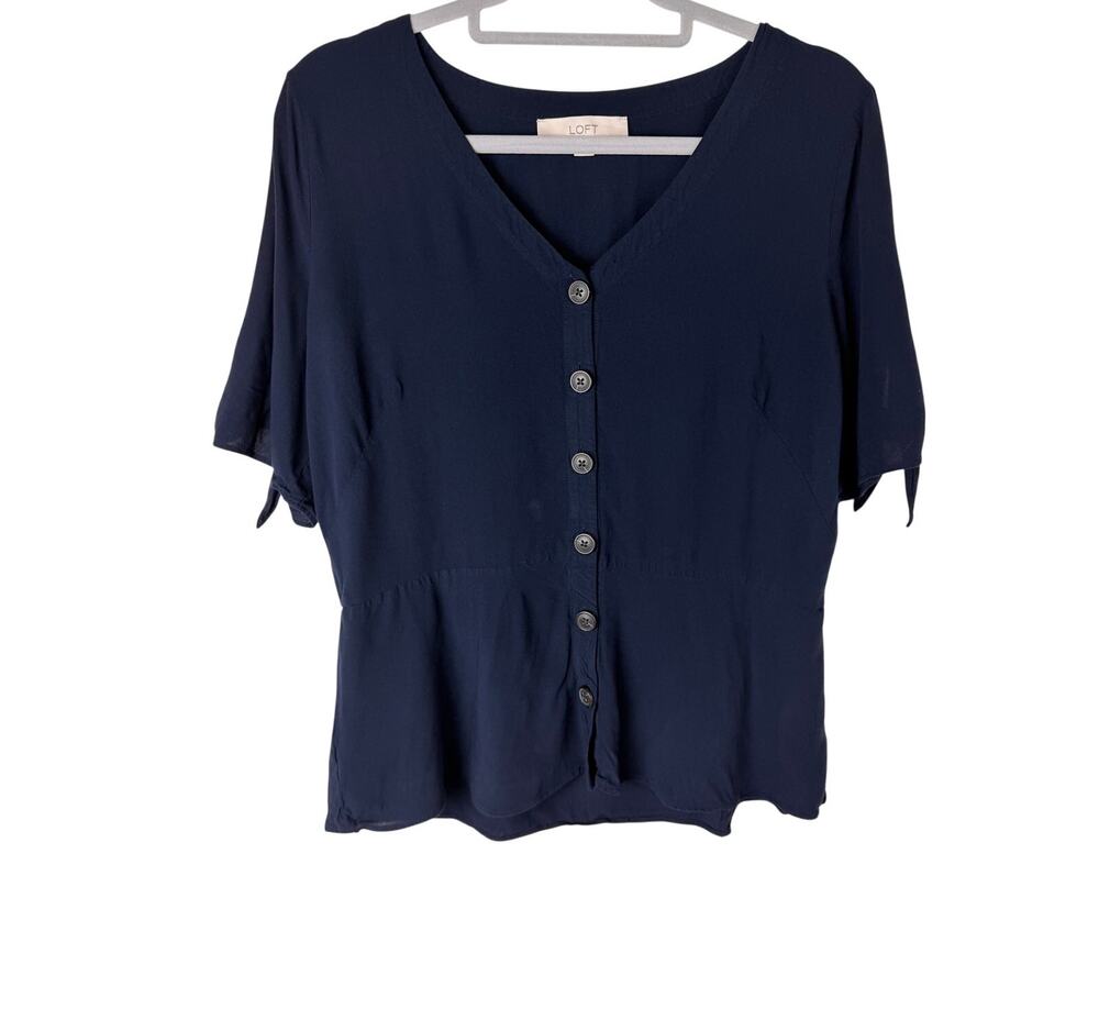 LOFT Navy Button Front Blouse Size 10 Tie Sleeve Rayon Office Top Blue Polished